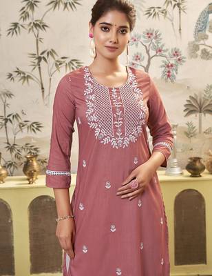 Women Ethnic Motifs Embroidered Festive Silk Straight Kurta 2