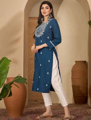 Embroidered Round Neck Straight Kurta 4