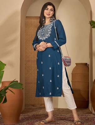 Embroidered Round Neck Straight Kurta 5