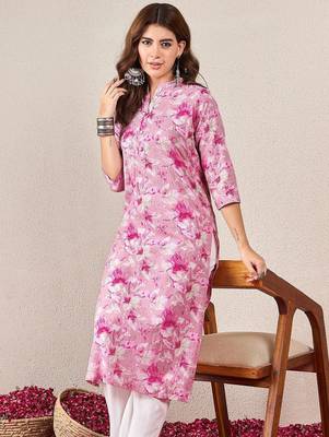 Floral Printed Mandarin Collar Cotton Straight Kurta 2