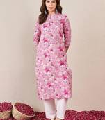 Floral Printed Mandarin Collar Cotton Straight Kurta