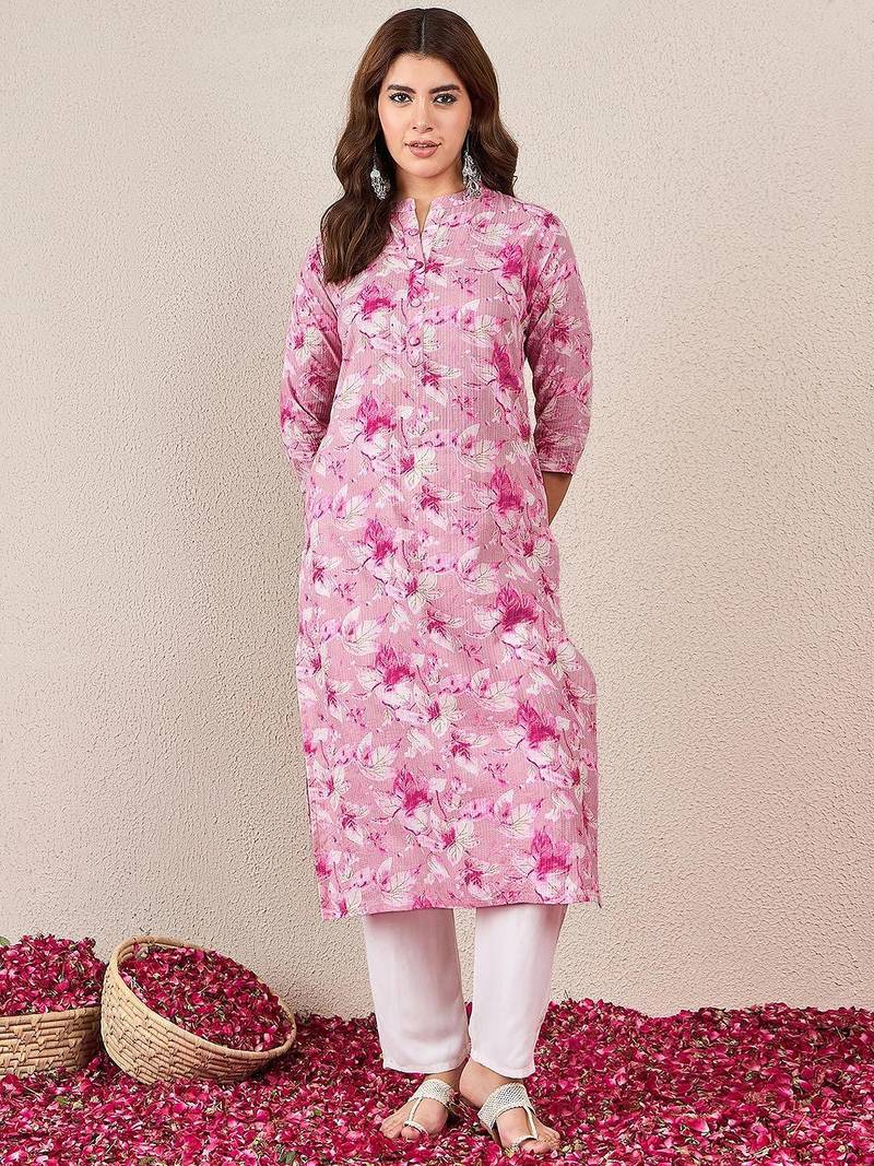 Floral Printed Mandarin Collar Cotton Straight Kurta