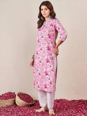 Floral Printed Mandarin Collar Cotton Straight Kurta 3