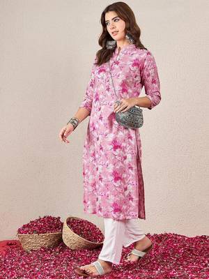 Floral Printed Mandarin Collar Cotton Straight Kurta 4