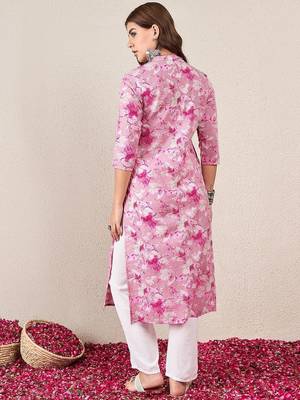 Floral Printed Mandarin Collar Cotton Straight Kurta 5