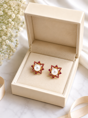 Certified natural freshwater pearls jewellery pearl & ruby zircon floral star stud earrings, gold tone . 3