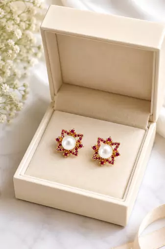 Certified natural freshwater pearls jewellery pearl & ruby zircon floral star stud earrings, gold tone .