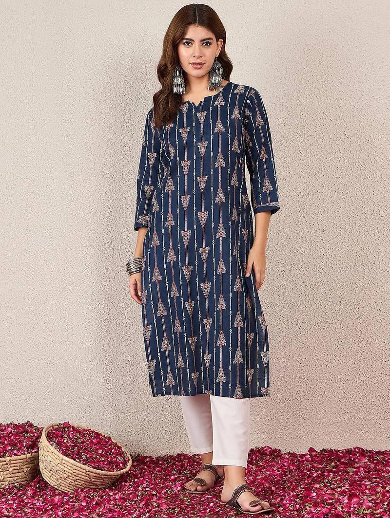 Floral Printed Cotton V-Neck Straight Kurtas