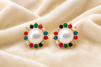 Certified natural freshwater pearls jewellery navratna style, cz accents, festive wear, stud closure, women's jewellery. 2
