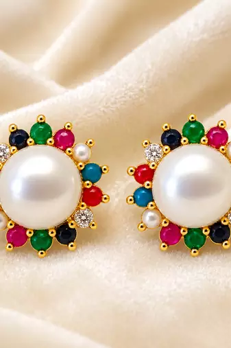 Certified natural freshwater pearls jewellery navratna style, cz accents, festive wear, stud closure, women's jewellery.