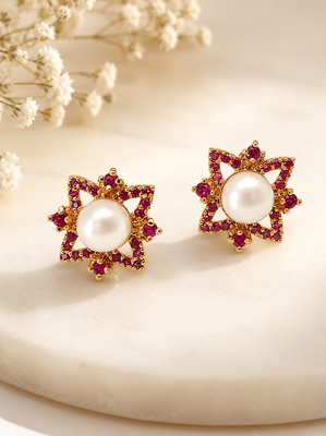 Certified natural freshwater pearls jewellery pearl & ruby zircon floral star stud earrings, gold tone . 4