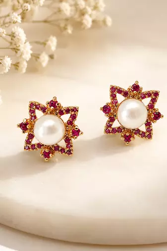 Certified natural freshwater pearls jewellery pearl & ruby zircon floral star stud earrings, gold tone .
