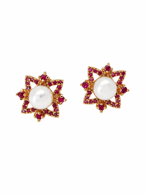 Certified natural freshwater pearls jewellery pearl & ruby zircon floral star stud earrings, gold tone . 5