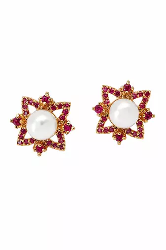 Certified natural freshwater pearls jewellery pearl & ruby zircon floral star stud earrings, gold tone .