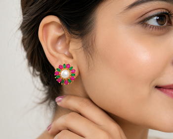 Certified natural freshwater pearls jewellery pearl centre floral stud earrings with ruby & emerald stones gold-tone. 1