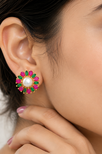 Certified natural freshwater pearls jewellery pearl centre floral stud earrings with ruby & emerald stones gold-tone.
