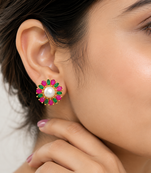 Certified natural freshwater pearls jewellery pearl centre floral stud earrings with ruby & emerald stones gold-tone.