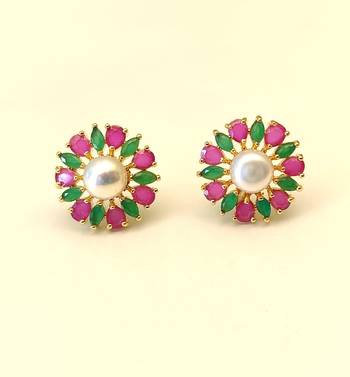 Certified natural freshwater pearls jewellery pearl centre floral stud earrings with ruby & emerald stones gold-tone. 2