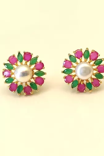 Certified natural freshwater pearls jewellery pearl centre floral stud earrings with ruby & emerald stones gold-tone.