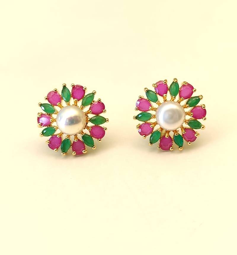 Certified natural freshwater pearls jewellery pearl centre floral stud earrings with ruby & emerald stones gold-tone.