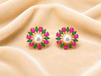 Certified natural freshwater pearls jewellery pearl centre floral stud earrings with ruby & emerald stones gold-tone. 3