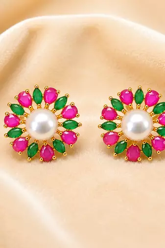 Certified natural freshwater pearls jewellery pearl centre floral stud earrings with ruby & emerald stones gold-tone.