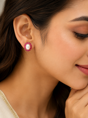 Certified natural freshwater pearls jewellery pearl & ruby halo stud earrings, gold-tone floral design freshwater pearl. 1