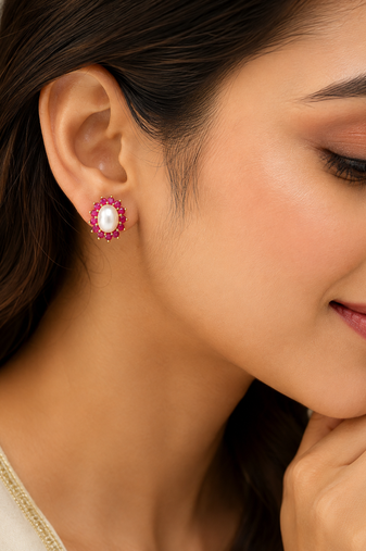 Certified natural freshwater pearls jewellery pearl & ruby halo stud earrings, gold-tone floral design freshwater pearl.