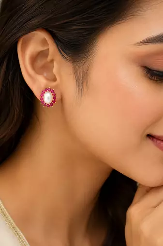 Certified natural freshwater pearls jewellery pearl & ruby halo stud earrings, gold-tone floral design freshwater pearl.