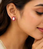 Certified natural freshwater pearls jewellery pearl & ruby halo stud earrings, gold-tone floral design freshwater pearl.