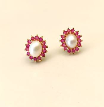 Certified natural freshwater pearls jewellery pearl & ruby halo stud earrings, gold-tone floral design freshwater pearl. 2
