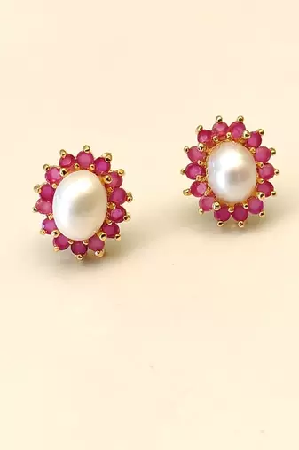 Certified natural freshwater pearls jewellery pearl & ruby halo stud earrings, gold-tone floral design freshwater pearl.