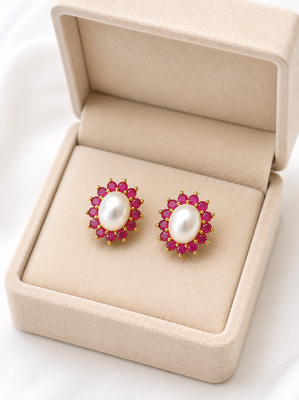 Certified natural freshwater pearls jewellery pearl & ruby halo stud earrings, gold-tone floral design freshwater pearl. 3