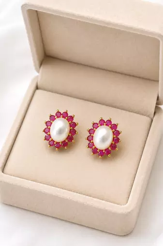 Certified natural freshwater pearls jewellery pearl & ruby halo stud earrings, gold-tone floral design freshwater pearl.