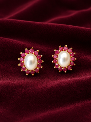 Certified natural freshwater pearls jewellery pearl & ruby halo stud earrings, gold-tone floral design freshwater pearl. 4