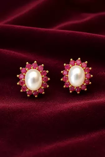Certified natural freshwater pearls jewellery pearl & ruby halo stud earrings, gold-tone floral design freshwater pearl.
