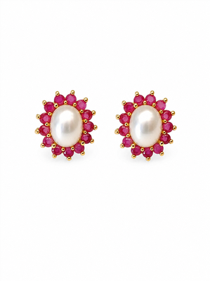 Certified natural freshwater pearls jewellery pearl & ruby halo stud earrings, gold-tone floral design freshwater pearl. 5