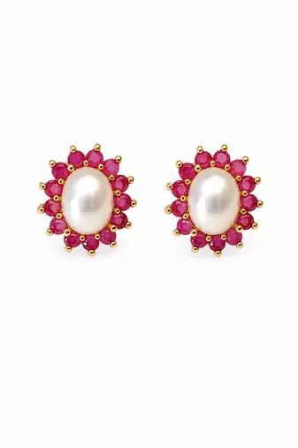 Certified natural freshwater pearls jewellery pearl & ruby halo stud earrings, gold-tone floral design freshwater pearl.