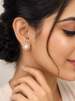 Certified natural freshwater pearls jewellery pearl centre crystal halo stud earrings, gold tone floral cluster design. 1
