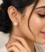 Certified natural freshwater pearls jewellery pearl centre crystal halo stud earrings, gold tone floral cluster design.
