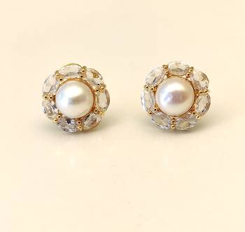 Certified natural freshwater pearls jewellery pearl centre crystal halo stud earrings, gold tone floral cluster design. 2