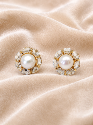 Certified natural freshwater pearls jewellery pearl centre crystal halo stud earrings, gold tone floral cluster design. 3
