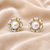 Certified natural freshwater pearls jewellery pearl centre crystal halo stud earrings, gold tone floral cluster design.