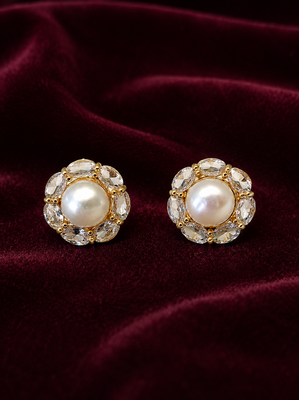 Certified natural freshwater pearls jewellery pearl centre crystal halo stud earrings, gold tone floral cluster design. 4