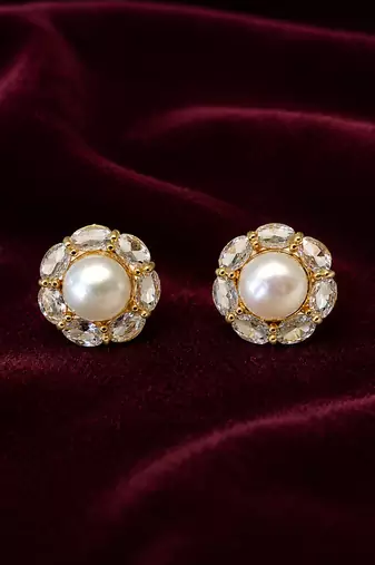 Certified natural freshwater pearls jewellery pearl centre crystal halo stud earrings, gold tone floral cluster design.