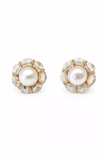 Certified natural freshwater pearls jewellery pearl centre crystal halo stud earrings, gold tone floral cluster design.