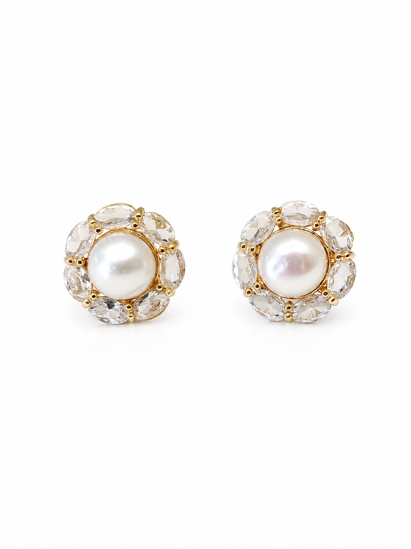 Certified natural freshwater pearls jewellery pearl centre crystal halo stud earrings, gold tone floral cluster design.
