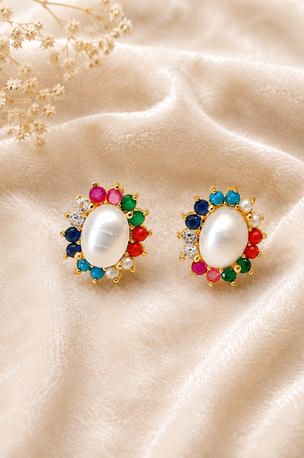 Certified natural freshwater pearls jewellery pearl centre stud earrings with multicolour gemstone halo gold-tone.