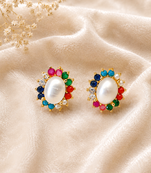 Certified natural freshwater pearls jewellery pearl centre stud earrings with multicolour gemstone halo gold-tone.