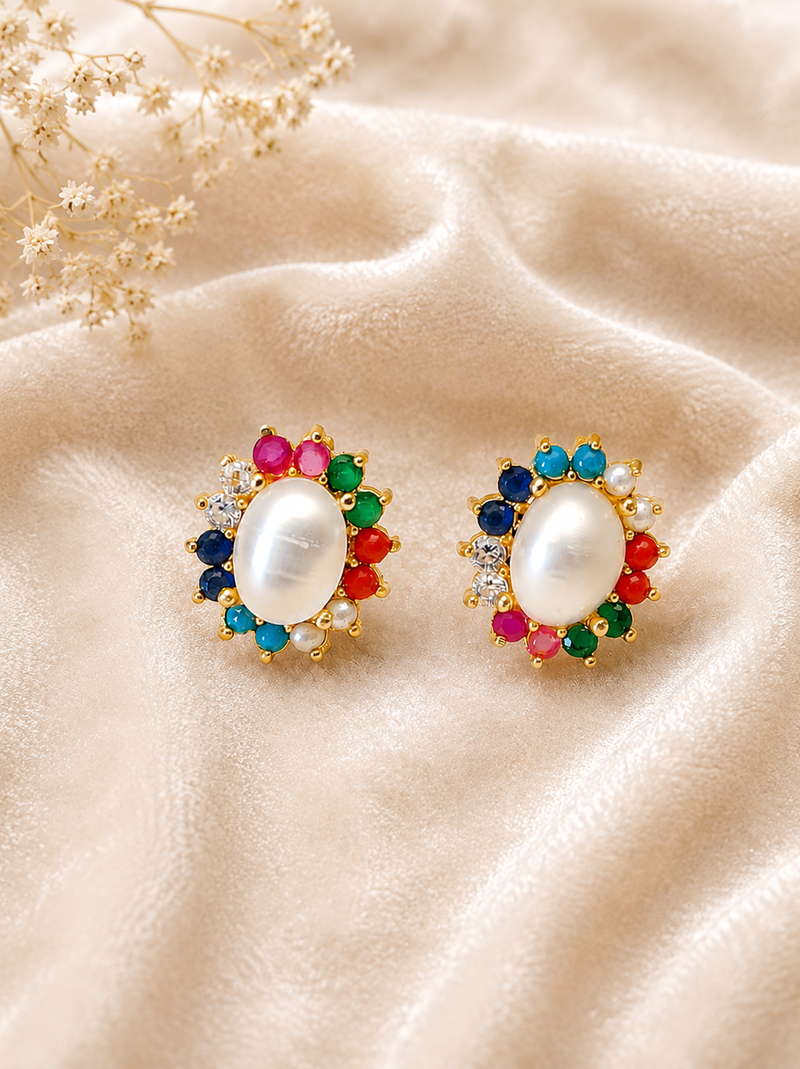 Certified natural freshwater pearls jewellery pearl centre stud earrings with multicolour gemstone halo gold-tone.